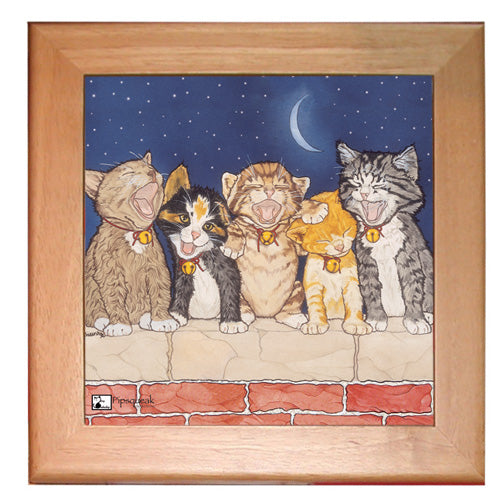 Cat Kitty Quintette Kitchen Ceramic Trivet Framed in Pine 8" x 8" - Pipsqueakproductions