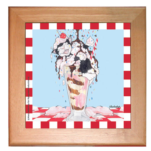 Cat Kitchen Ceramic Trivet Framed in Pine 8" x 8" - Pipsqueakproductions