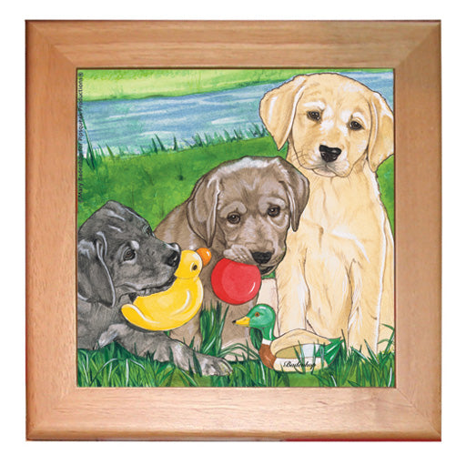 Labrador Lab Group Dog Kitchen Ceramic Trivet Framed in Pine 8" x 8" - Pipsqueakproductions