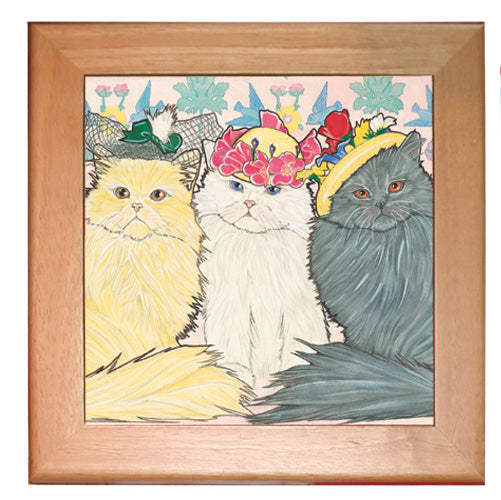 Persian Cat Kitchen Ceramic Trivet Framed in Pine 8" x 8" - Pipsqueakproductions