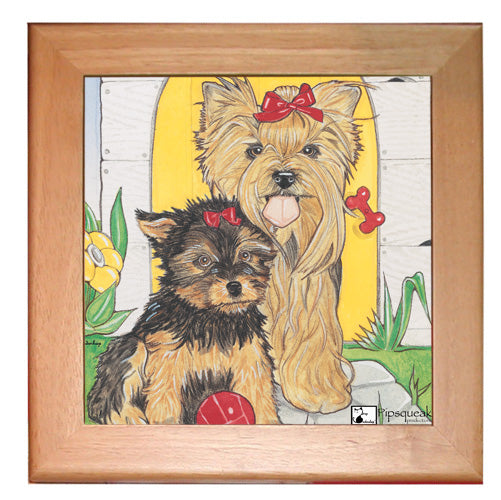 Yorkshire Terrier Yorkie Dog Kitchen Ceramic Trivet Framed in Pine 8" x 8" - Pipsqueakproductions