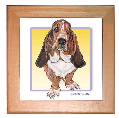 Basset Hound Dog Kitchen Ceramic Trivet Framed in Pine 8" x 8" - Pipsqueakproductions
