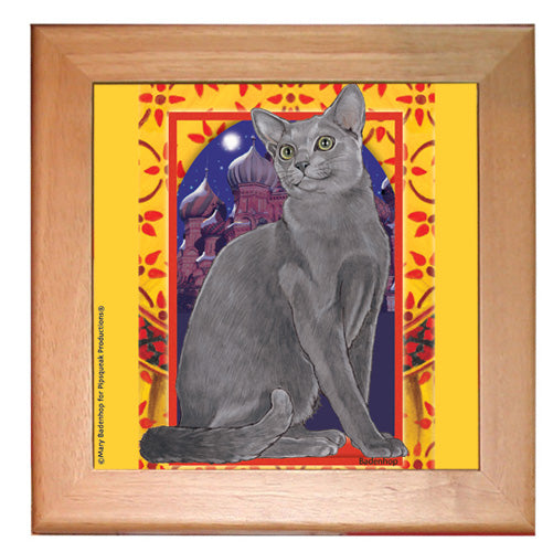 Russian Blue Cat Kitchen Ceramic Trivet Framed in Pine 8" x 8" - Pipsqueakproductions