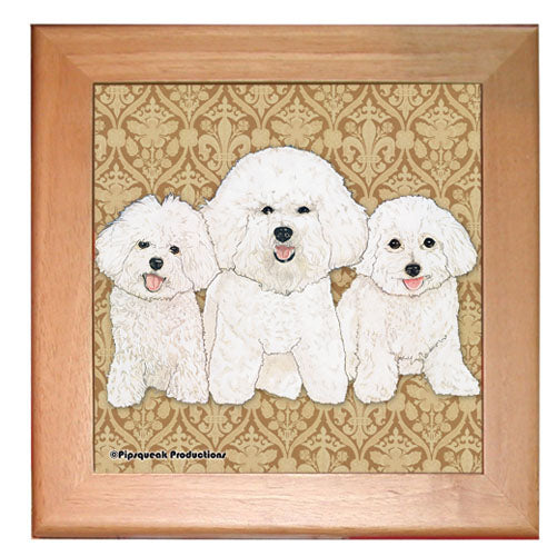 Bichon Frise Dog Kitchen Ceramic Trivet Framed in Pine 8" x 8" - Pipsqueakproductions