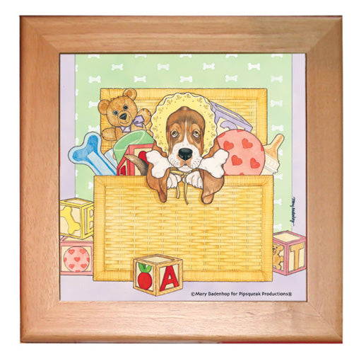 Basset Hound Dog Kitchen Ceramic Trivet Framed in Pine 8" x 8" - Pipsqueakproductions