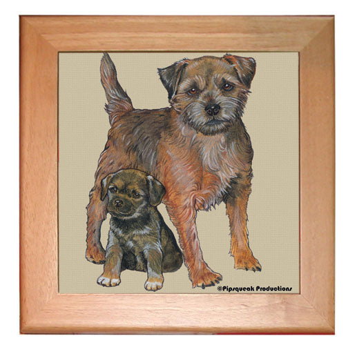 Border Terrier Dog Kitchen Ceramic Trivet Framed in Pine 8" x 8" - Pipsqueakproductions