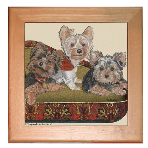 Yorkshire Terrier Yorkie Dog Kitchen Ceramic Trivet Framed in Pine 8" x 8" - Pipsqueakproductions