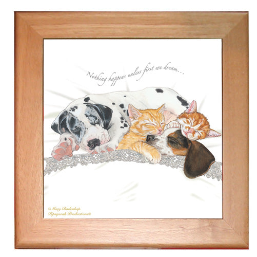 Dog with Cat Group Kitchen Ceramic Trivet Framed in Pine 8" x 8" - Pipsqueakproductions