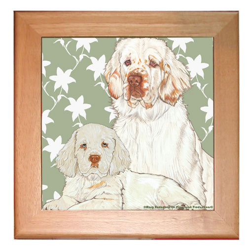 Clumber Spaniel Dog Kitchen Ceramic Trivet Framed in Pine 8" x 8" - Pipsqueakproductions