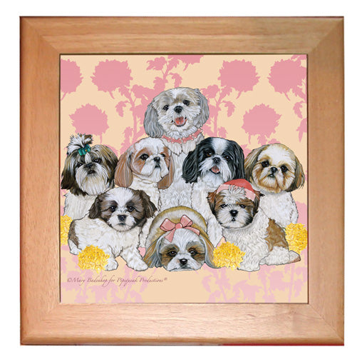 Shih Tzu Dog Kitchen Ceramic Trivet Framed in Pine 8" x 8" - Pipsqueakproductions