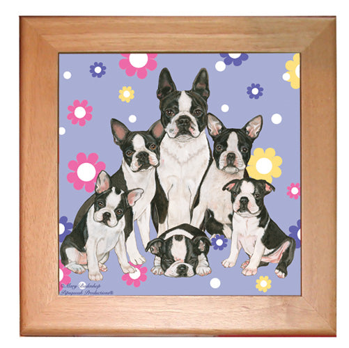 Boston Terrier Dog Kitchen Ceramic Trivet Framed in Pine 8" x 8" - Pipsqueakproductions