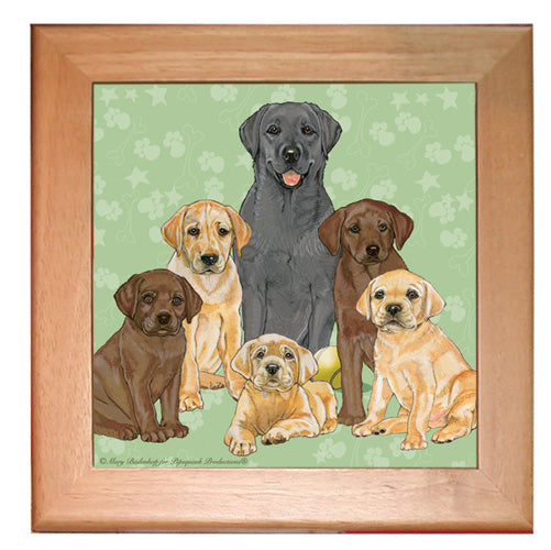 Labrador Lab Group Dog Kitchen Ceramic Trivet Framed in Pine 8" x 8" - Pipsqueakproductions
