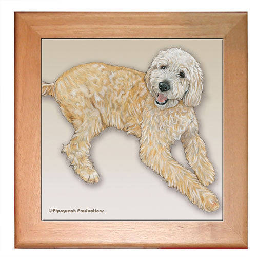 Doodle Dog Kitchen Ceramic Trivet Framed in Pine 8" x 8" - Pipsqueakproductions