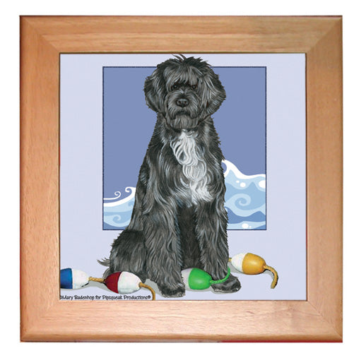 Portuguese Water Dog Portie Dog Ceramic Trivet Framed in Pine 8" x 8" - Pipsqueakproductions