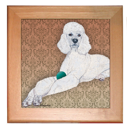 Poodle White Poodle Standard Dog Kitchen Ceramic Trivet Framed in Pine 8" x 8" - Pipsqueakproductions