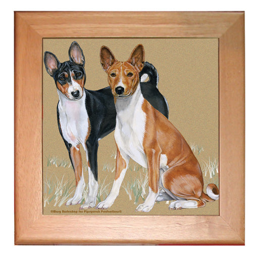 Basenji Dog Kitchen Ceramic Trivet Framed in Pine 8" x 8" - Pipsqueakproductions