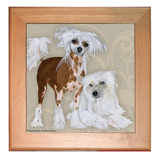 Chinese Crested Dog Kitchen Ceramic Trivet Framed in Pine 8" x 8" - Pipsqueakproductions