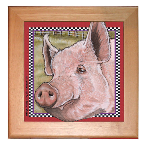 Pig Kitchen Ceramic Trivet Framed in Pine 8" x 8" - Pipsqueakproductions
