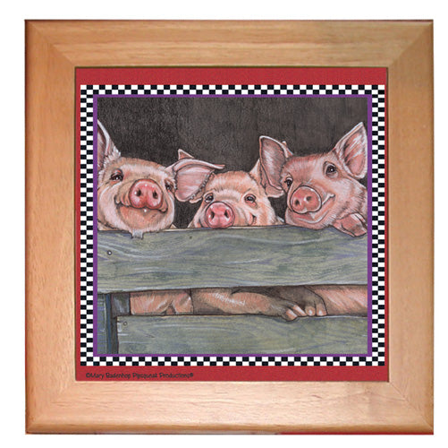 Pig Kitchen Ceramic Trivet Framed in Pine 8" x 8" - Pipsqueakproductions