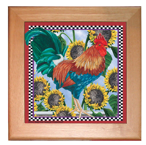 Rooster Kitchen Ceramic Trivet Framed in Pine 8" x 8" - Pipsqueakproductions