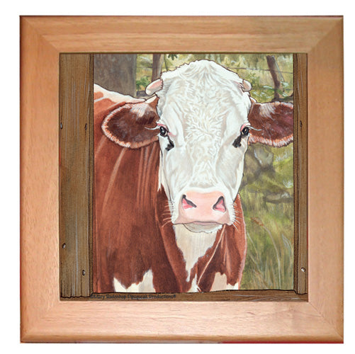 Cow Brown and White Hereford Cow Kitchen Ceramic Trivet Framed in Pine 8" x 8" - Pipsqueakproductions