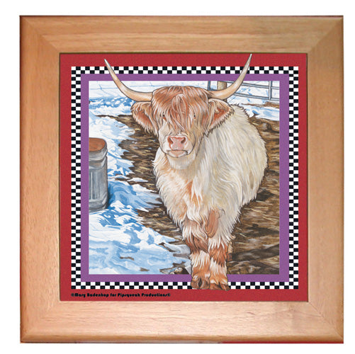 Cow Scottish Highland Cow Kitchen Ceramic Trivet Framed in Pine 8" x 8" - Pipsqueakproductions