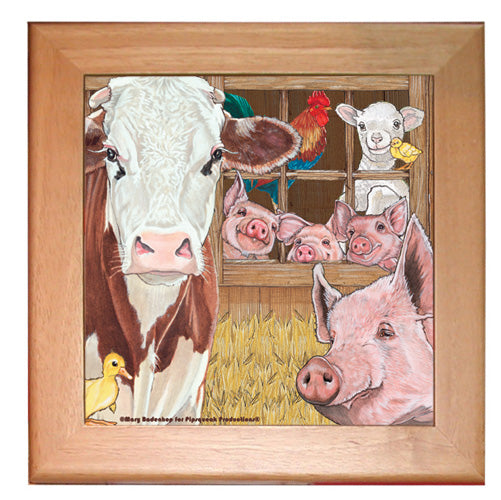 Barnyard Farm Kitchen Ceramic Trivet Framed in Pine 8" x 8" - Pipsqueakproductions