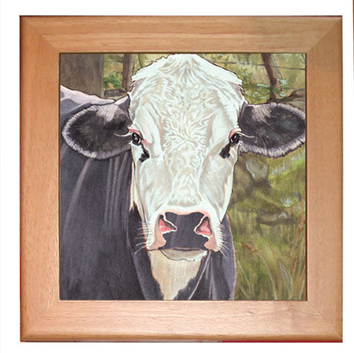 Cow Black and White Holstein Cow Kitchen Ceramic Trivet Framed in Pine 8" x 8" - Pipsqueakproductions
