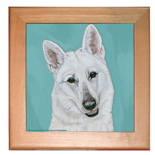 White Shepherd Dog Kitchen Ceramic Trivet Framed in Pine 8" x 8" - Pipsqueakproductions