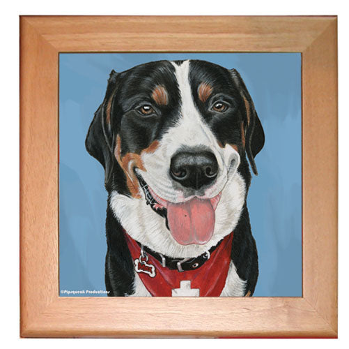Greater Swiss Mountain Dog Kitchen Ceramic Trivet Framed in Pine 8" x 8" - Pipsqueakproductions