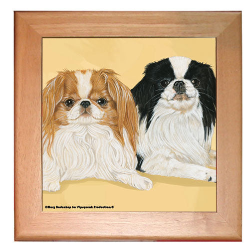 Japanese Chin Dog Kitchen Ceramic Trivet Framed in Pine 8" x 8" - Pipsqueakproductions