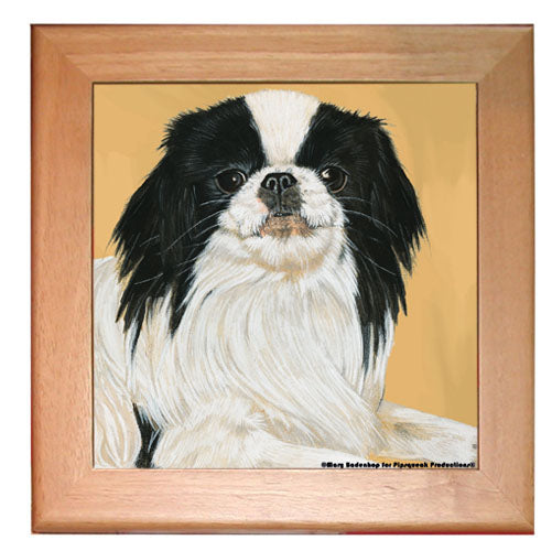 Japanese Chin Dog Kitchen Ceramic Trivet Framed in Pine 8" x 8" - Pipsqueakproductions