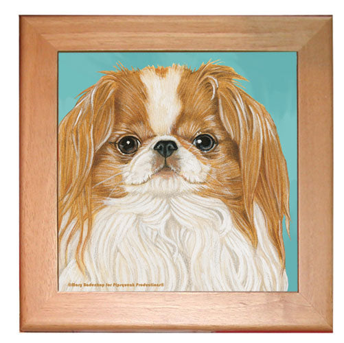 Japanese Chin Dog Kitchen Ceramic Trivet Framed in Pine 8" x 8" - Pipsqueakproductions