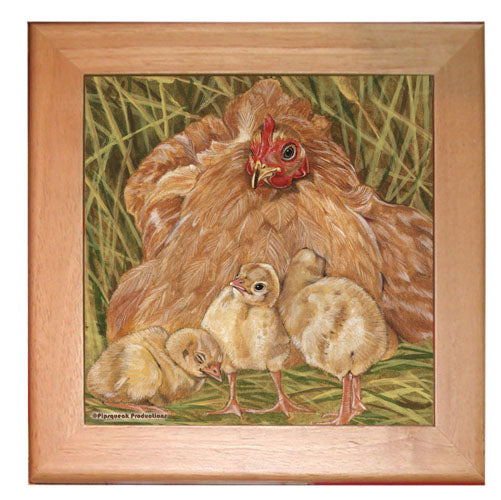 Chicken Buff Orpington Kitchen Ceramic Trivet Framed in Pine 8" x 8" - Pipsqueakproductions