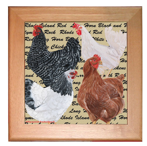 Chicken Mix Kitchen Ceramic Trivet Framed in Pine 8" x 8" - Pipsqueakproductions