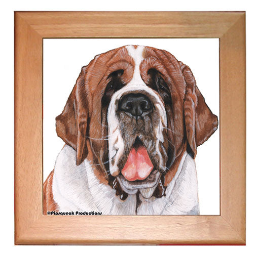 Saint Bernard Dog Kitchen Ceramic Trivet Framed in Pine 8" x 8" - Pipsqueakproductions
