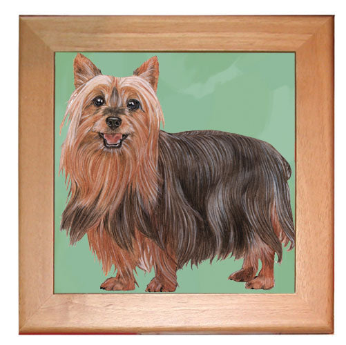 Silky Terrier Dog Kitchen Ceramic Trivet Framed in Pine 8" x 8" - Pipsqueakproductions