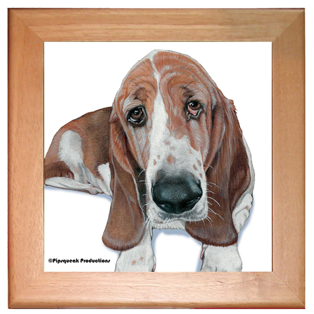 Basset Hound Kitchen Ceramic Trivet Framed in Pine 8" X 8"