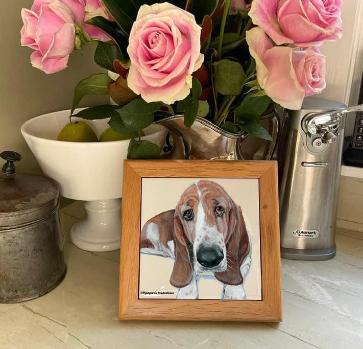 Basset Hound Kitchen Ceramic Trivet Framed in Pine 8" X 8"