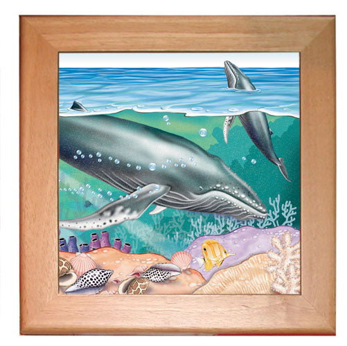 Humpback Whale Kitchen Ceramic Trivet Framed in Pine 8" x 8" - Pipsqueakproductions