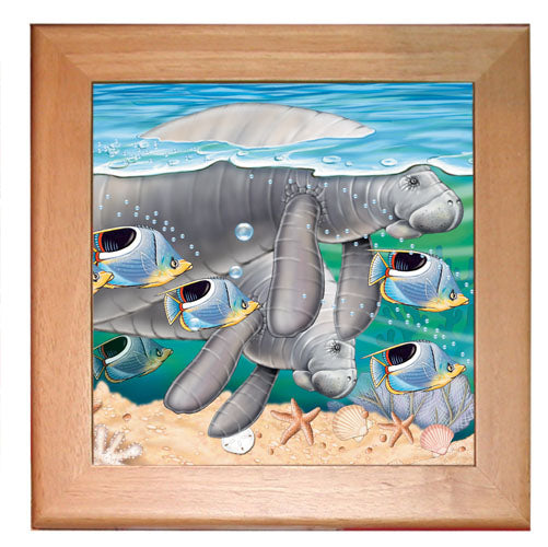 Manatee Kitchen Ceramic Trivet Framed in Pine 8" x 8" - Pipsqueakproductions