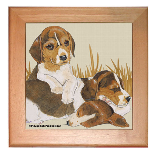 Beagle Dog Kitchen Ceramic Trivet Framed in Pine 8" x 8" - Pipsqueakproductions