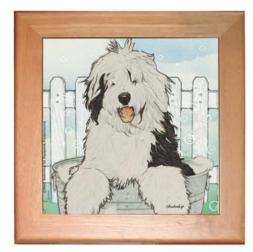 Old English Sheepdog Dog Kitchen Ceramic Trivet Framed in Pine 8" x 8" - Pipsqueakproductions