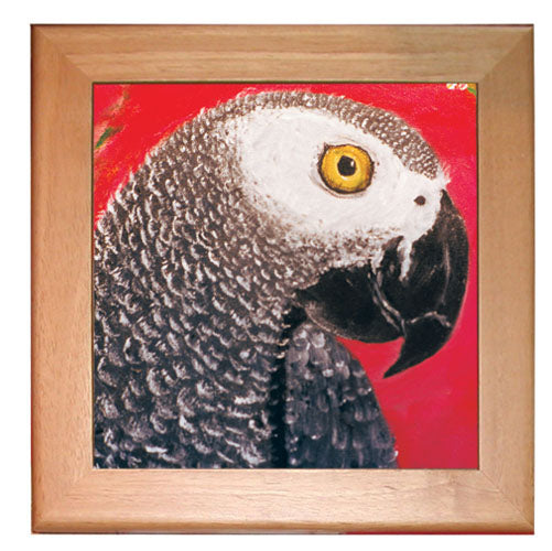 African Grey Parrot Kitchen Ceramic Trivet Framed in Pine 8" x 8" - Pipsqueakproductions