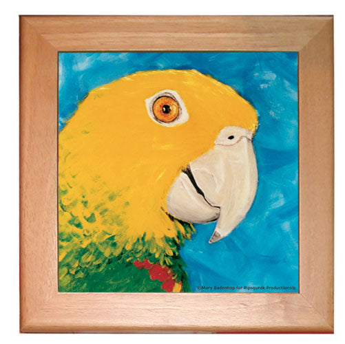 Amazon Parrot Kitchen Ceramic Trivet Framed in Pine 8" x 8" - Pipsqueakproductions