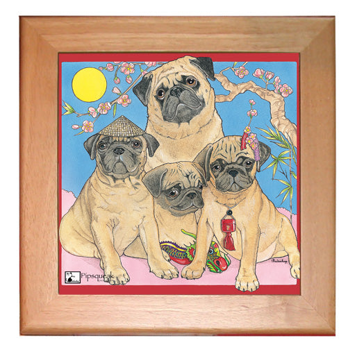 Pug Dog Kitchen Ceramic Trivet Framed in Pine 8" x 8" - Pipsqueakproductions