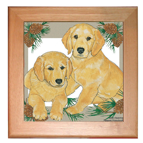 Golden Retriever Dog Kitchen Ceramic Trivet Framed in Pine 8" x 8" - Pipsqueakproductions