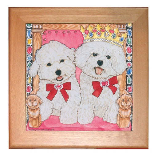 Bichon Frise Dog Kitchen Ceramic Trivet Framed in Pine 8" x 8" - Pipsqueakproductions