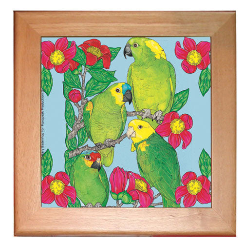 Amazon Parrot Kitchen Ceramic Trivet Framed in Pine 8" x 8" - Pipsqueakproductions