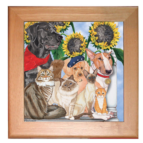 Dog with Cat Group Kitchen Ceramic Trivet Framed in Pine 8" x 8" - Pipsqueakproductions